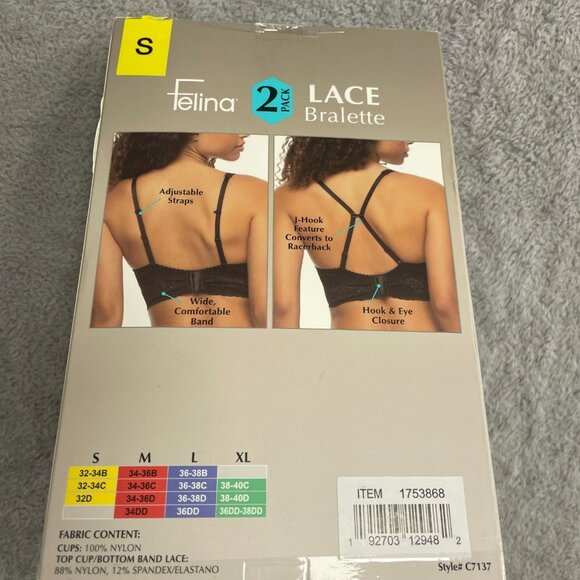 NEW Felina Black White Women's S 2-Pack Lace Bralette With Adjustable Straps - Picture 6 of 7